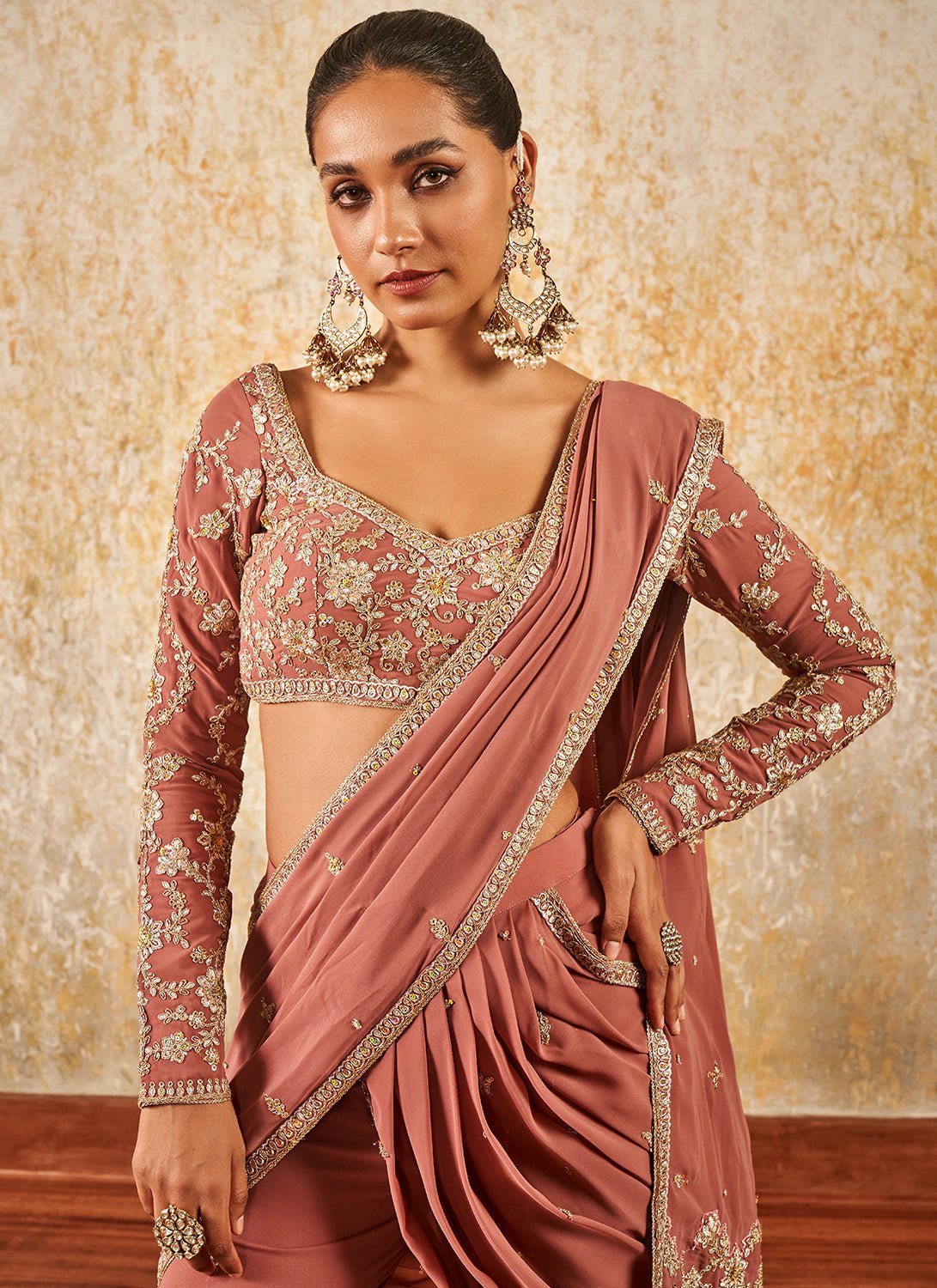 Dusty Rose Embroidered Gharara Style Saree - Lashkaraa