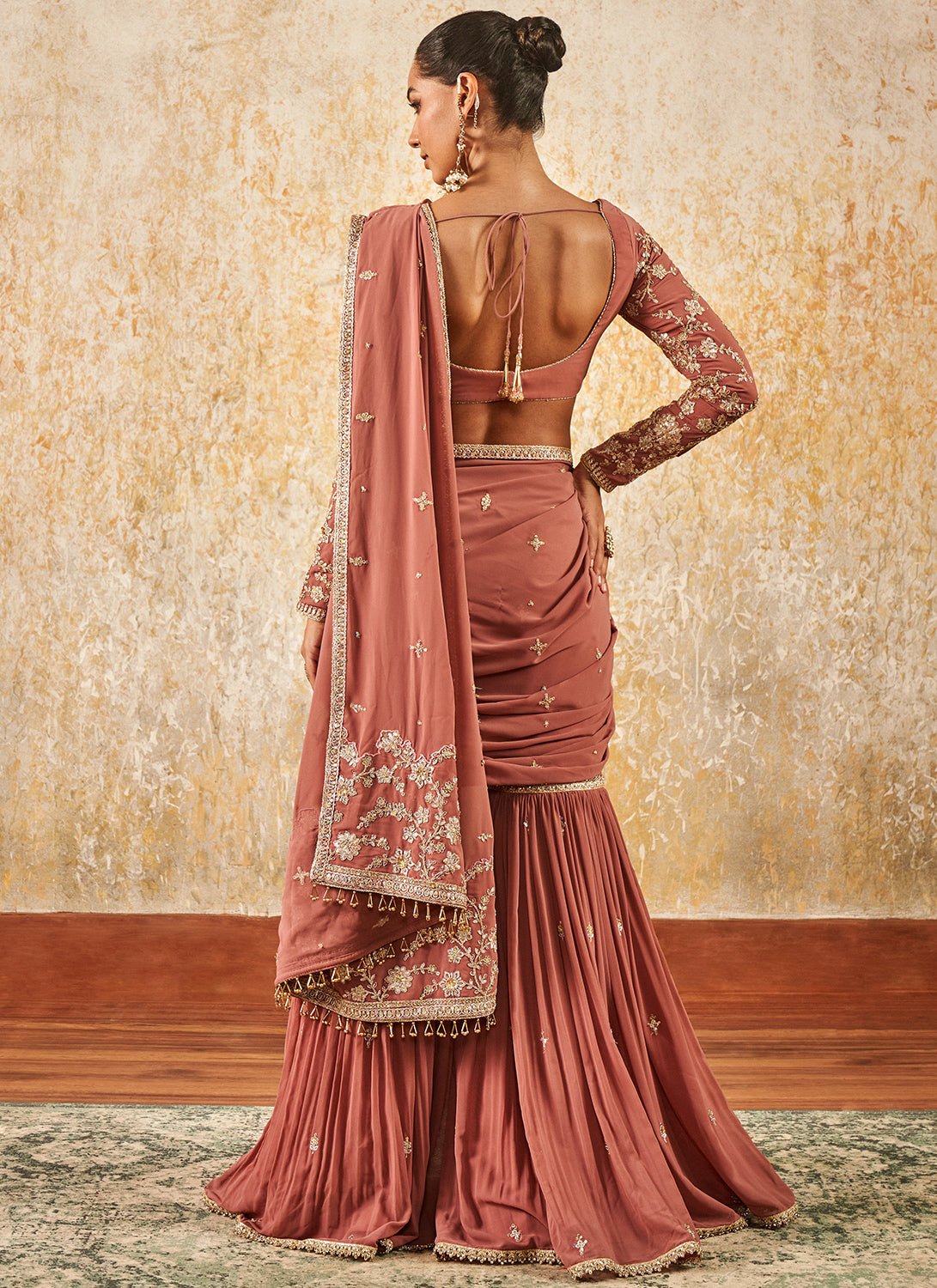 Dusty Rose Embroidered Gharara Style Saree - Lashkaraa