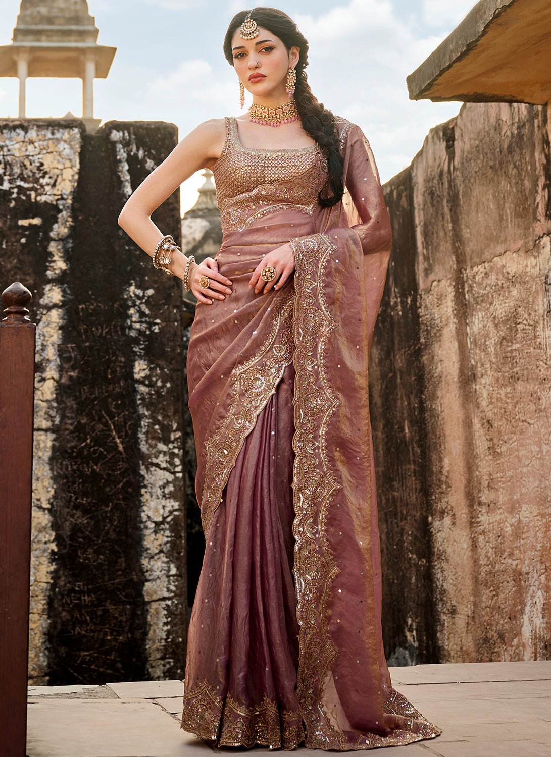 Dusty Rose Embroidered Tissue Silk Saree - Lashkaraa