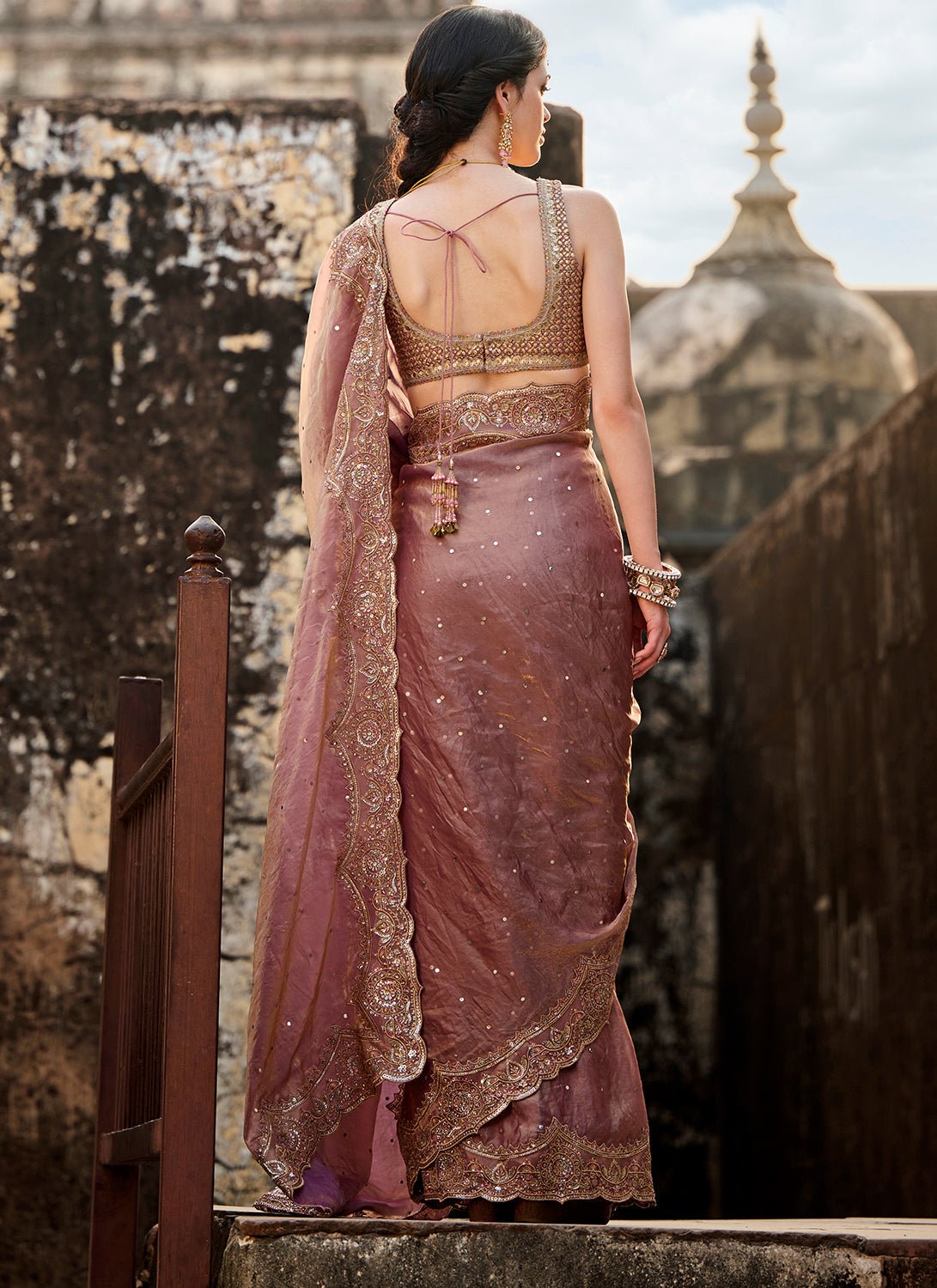 Dusty Rose Embroidered Tissue Silk Saree - Lashkaraa