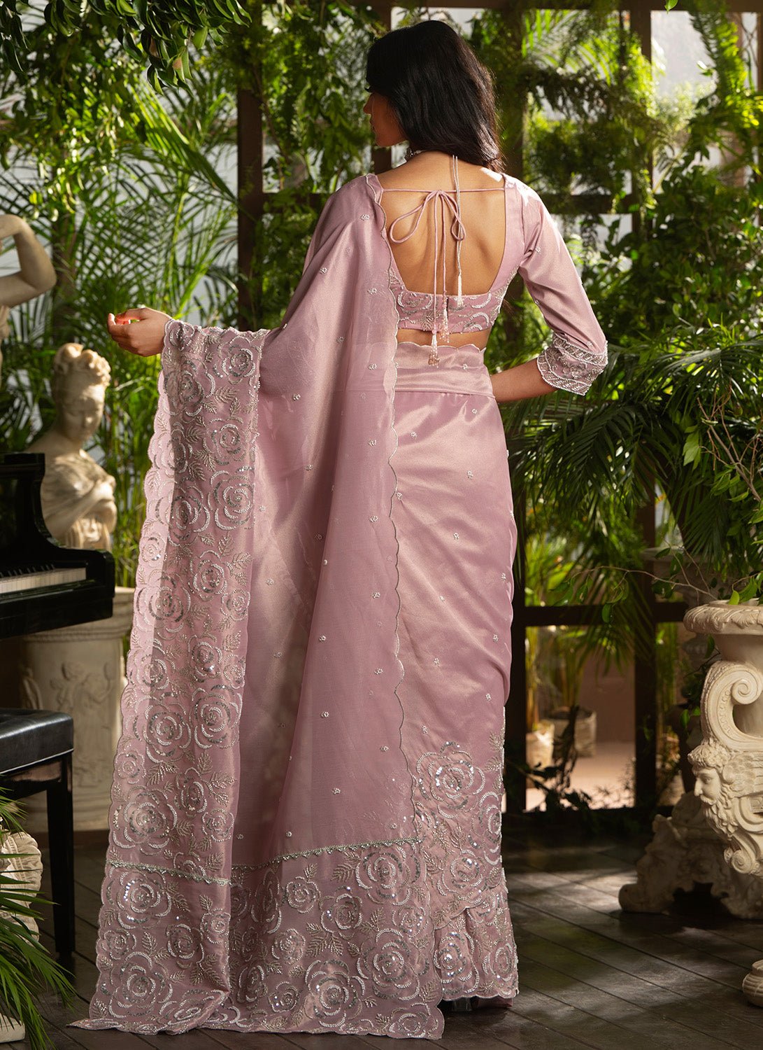 Dusty Rose Embroidered Tissue Silk Saree - Lashkaraa