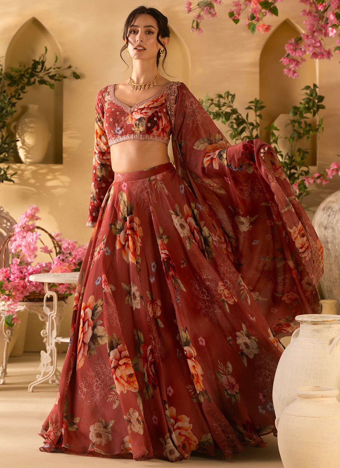 Dusty Rose Floral Embroidered Organza Lehenga - Lashkaraa