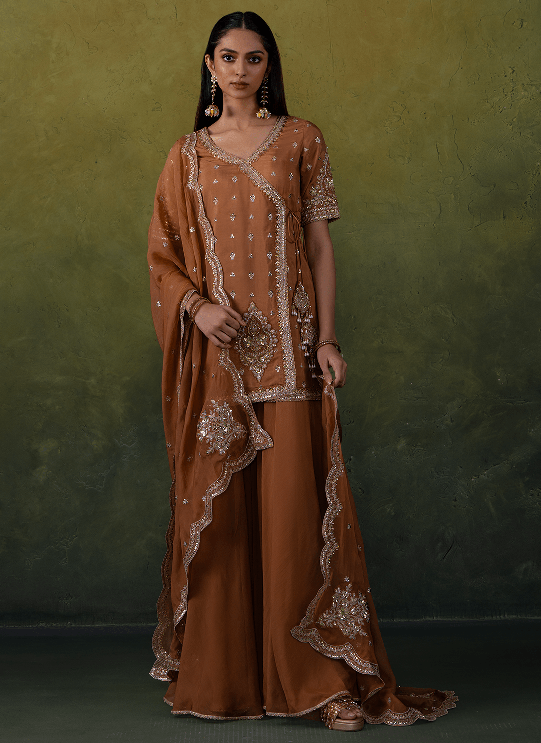 Dusty Rust Embroidered Viscose Silk Sharara - Lashkaraa