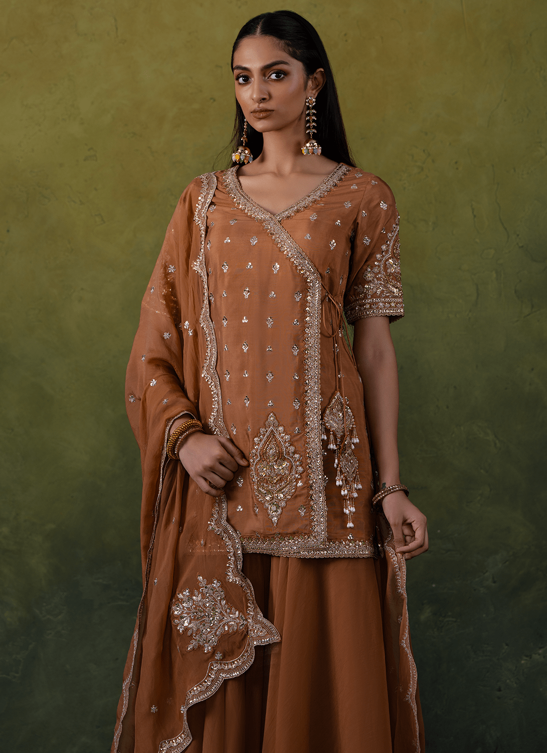 Dusty Rust Embroidered Viscose Silk Sharara - Lashkaraa
