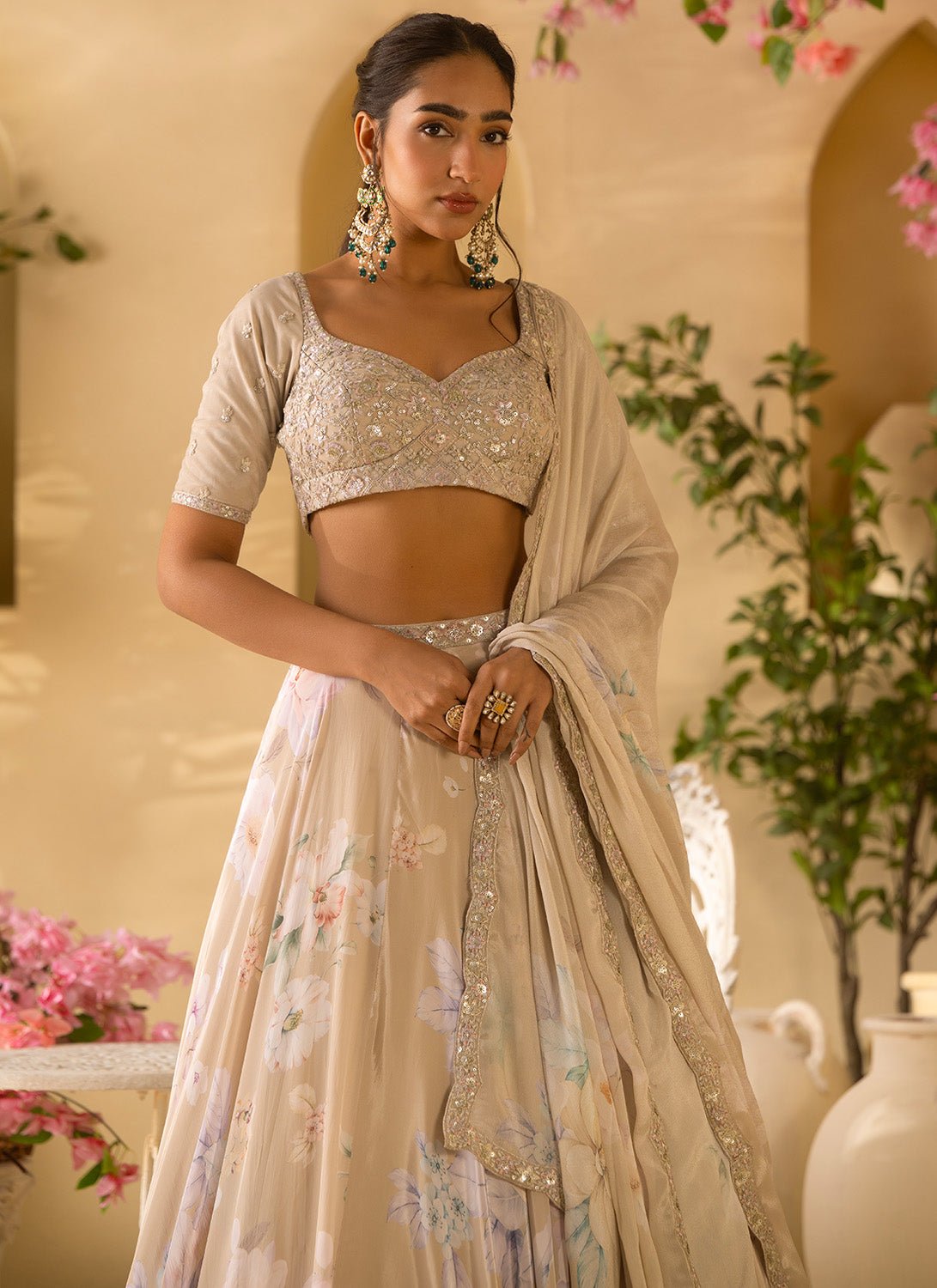 Dusty Sage Green Floral Embroidered Crepe Silk Lehenga - Lashkaraa