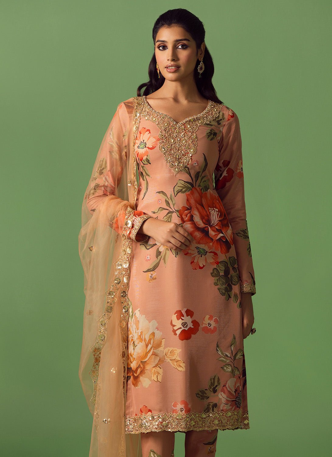 Dusty Salmon Floral Printed Pant Suit - Lashkaraa