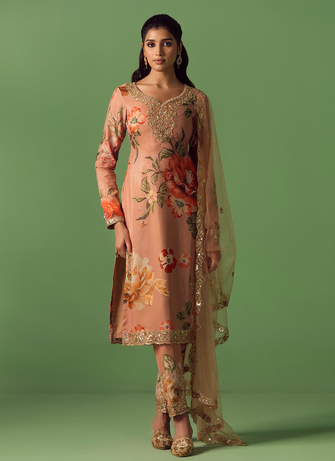 Dusty Salmon Floral Printed Pant Suit - Lashkaraa