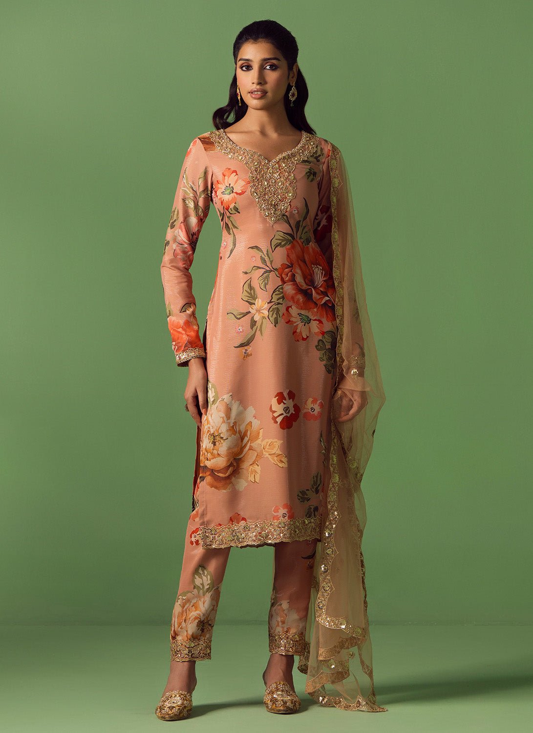 Dusty Salmon Floral Printed Pant Suit - Lashkaraa