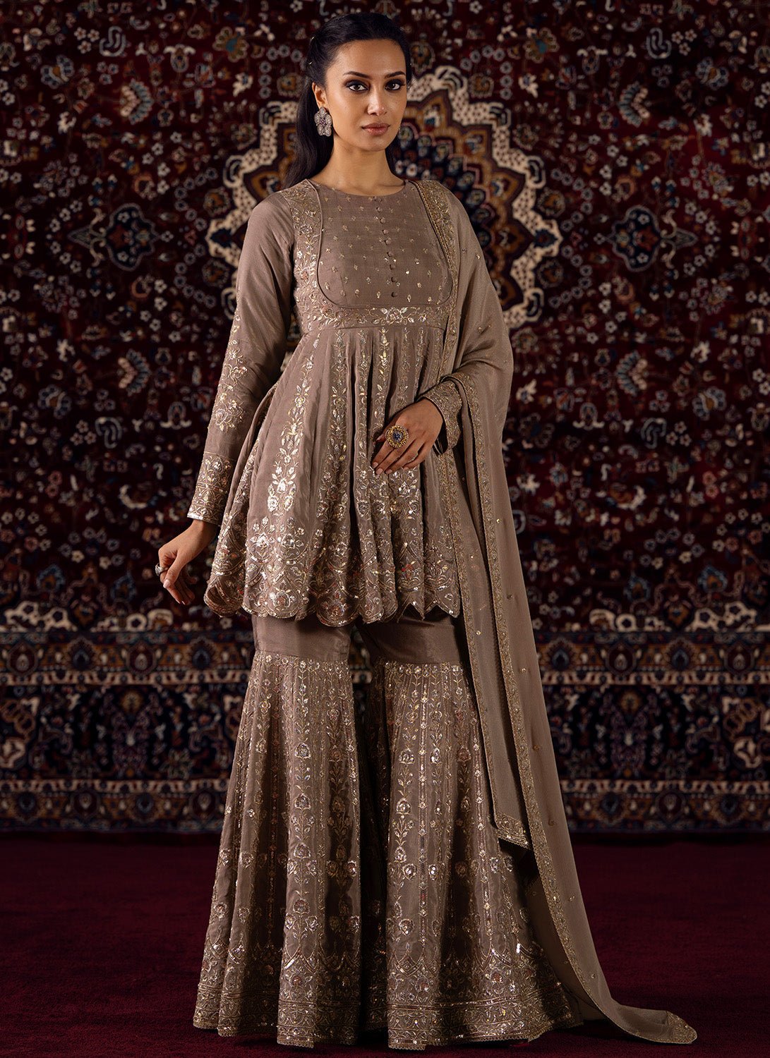 modern gharara sharara dress Dusty Taupe Embroidered Chinon Suit is:btm work guaranteed Slightly color Colour:SILVER VEIL Modest Crepe Civil Wedding