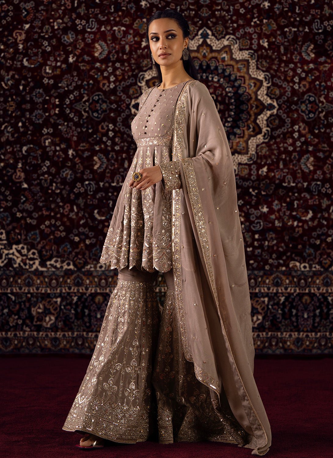Dusty Taupe Embroidered Chinon Gharara Suit - Lashkaraa