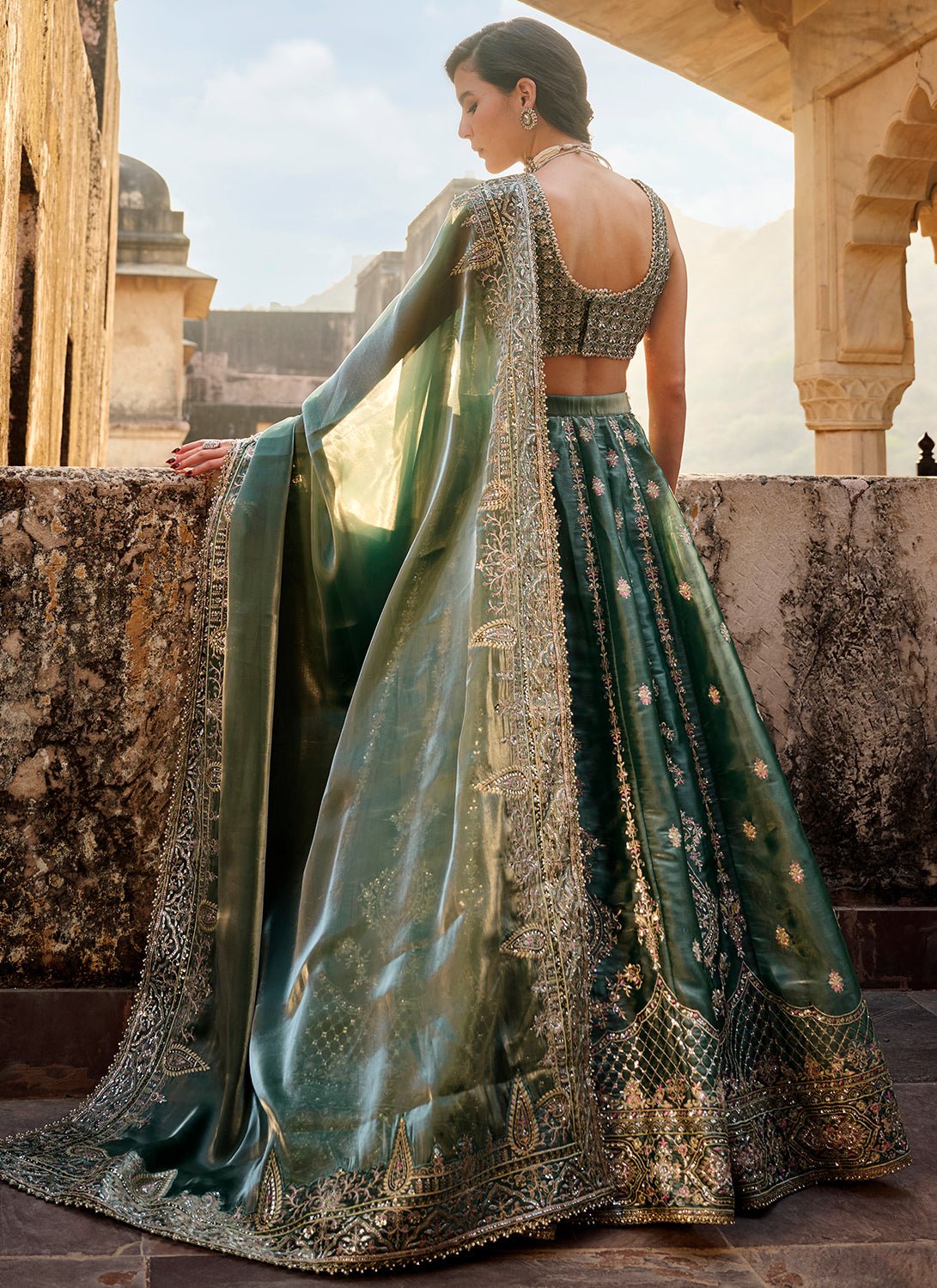 Dusty Teal Embroidered Organza Lehenga - Lashkaraa