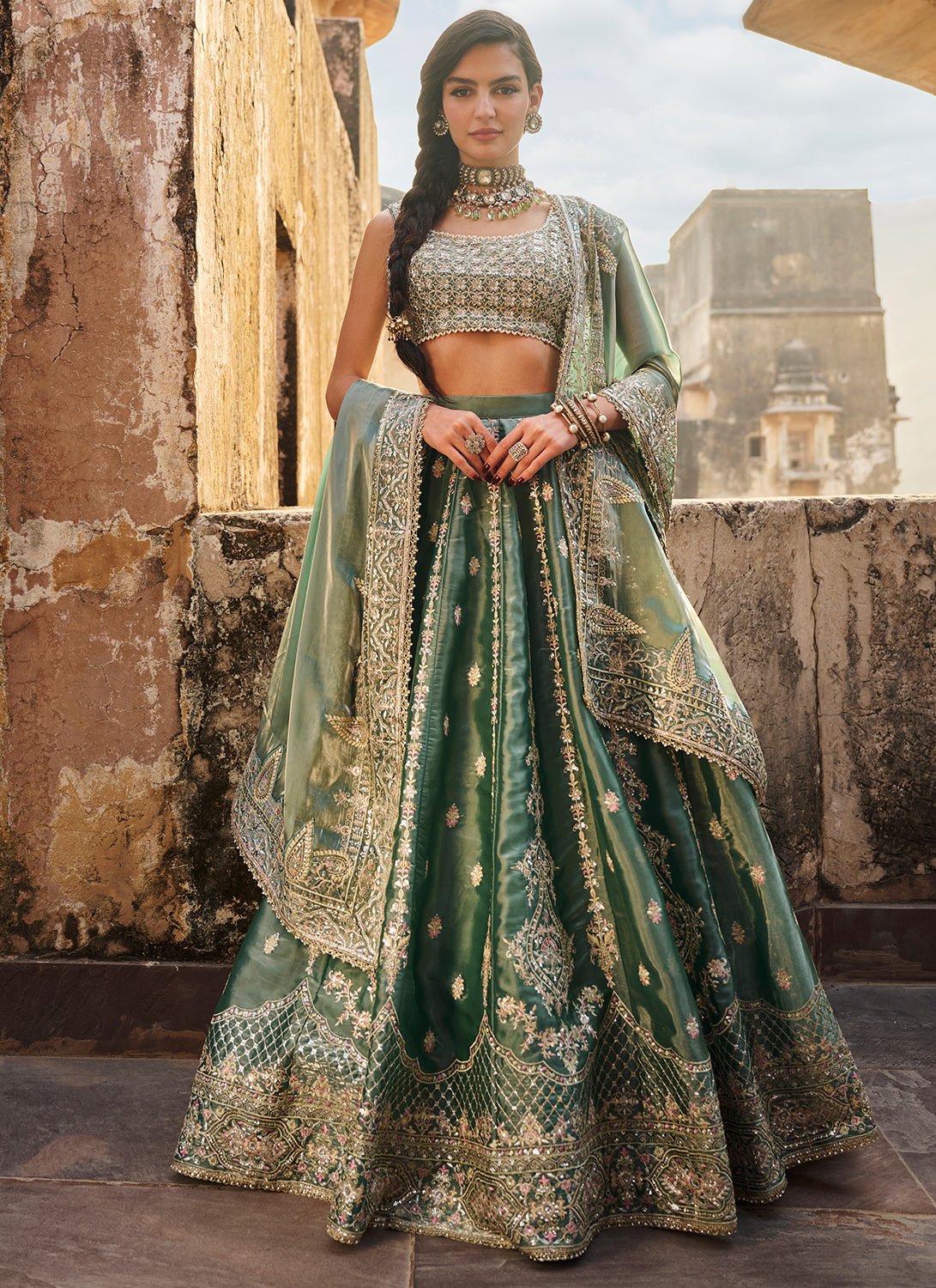 Dusty Teal Embroidered Organza Lehenga - Lashkaraa