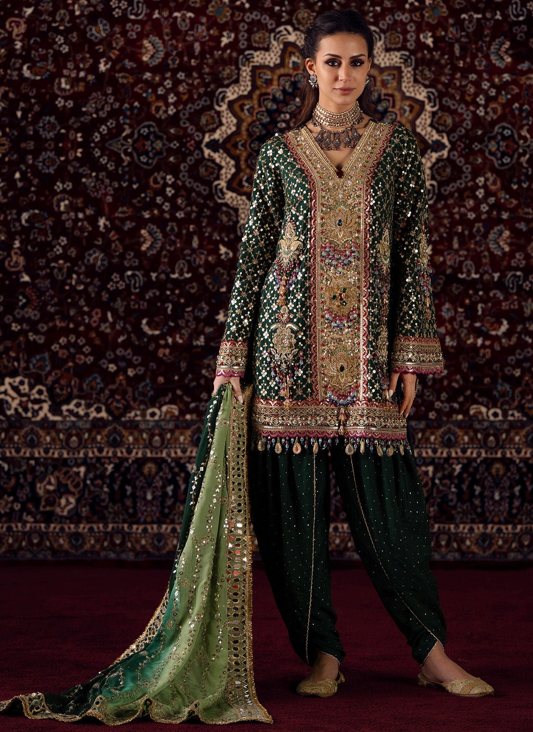 Emerald Green Embroidered Silk Punjabi Suit - Lashkaraa