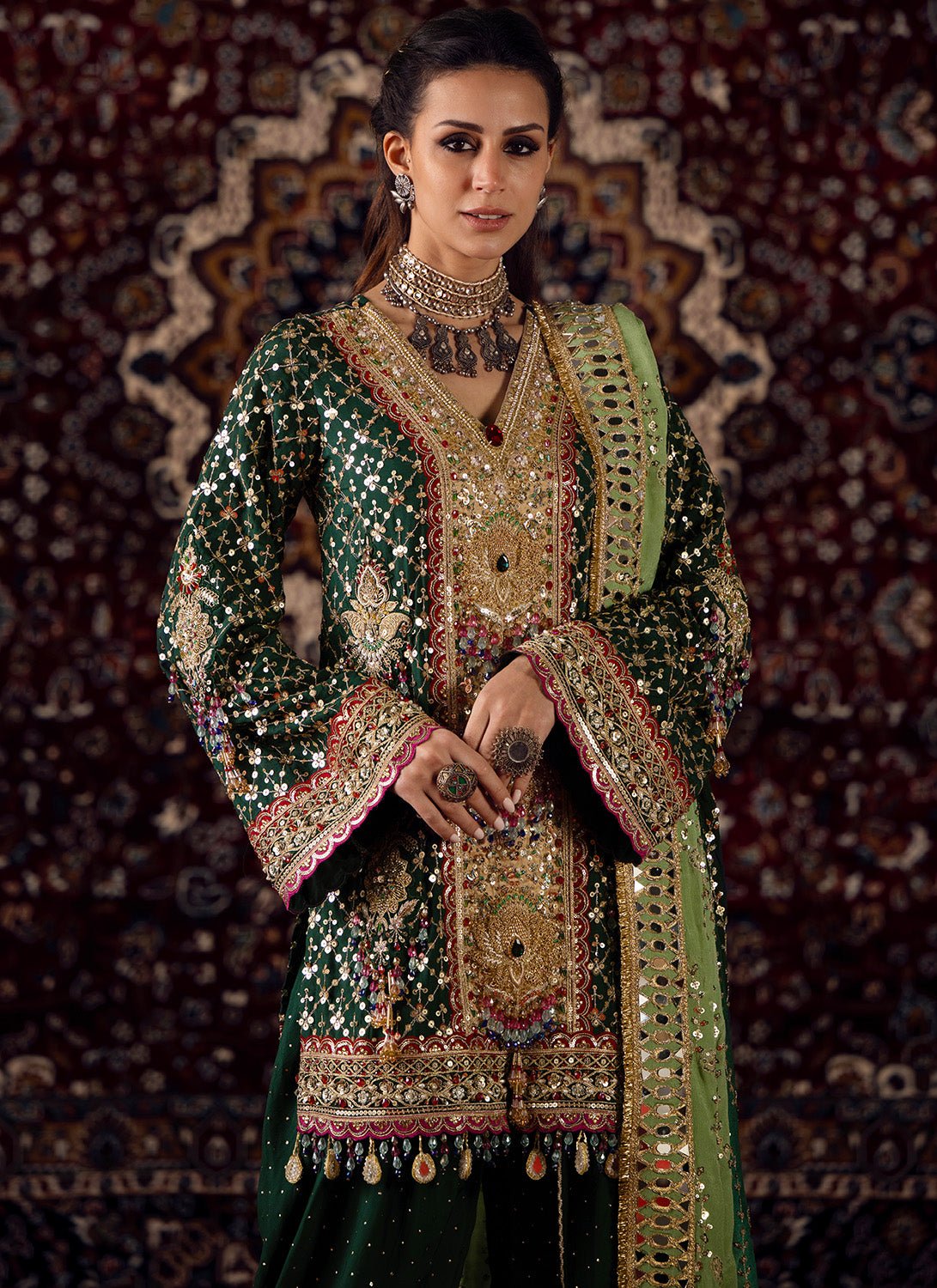 Emerald Green Embroidered Silk Punjabi Suit - Lashkaraa