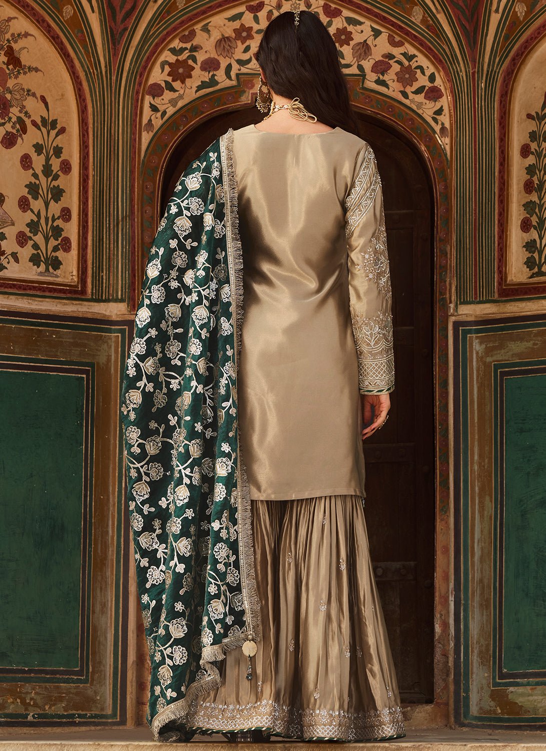 Gold and Green Embroidered Satin Gharara - Lashkaraa