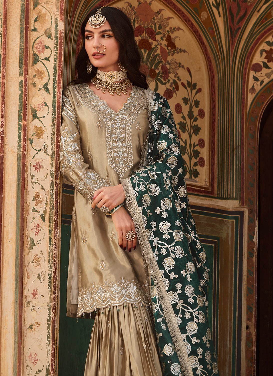 Gold and Green Embroidered Satin Gharara - Lashkaraa
