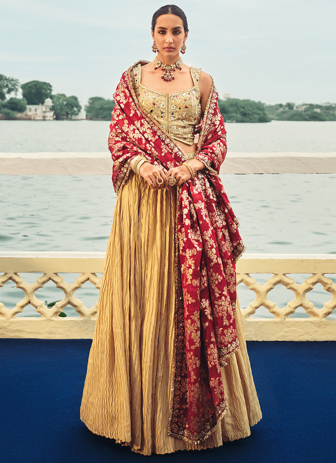 Gold and Maroon Embroidered Chinon Lehenga - Lashkaraa