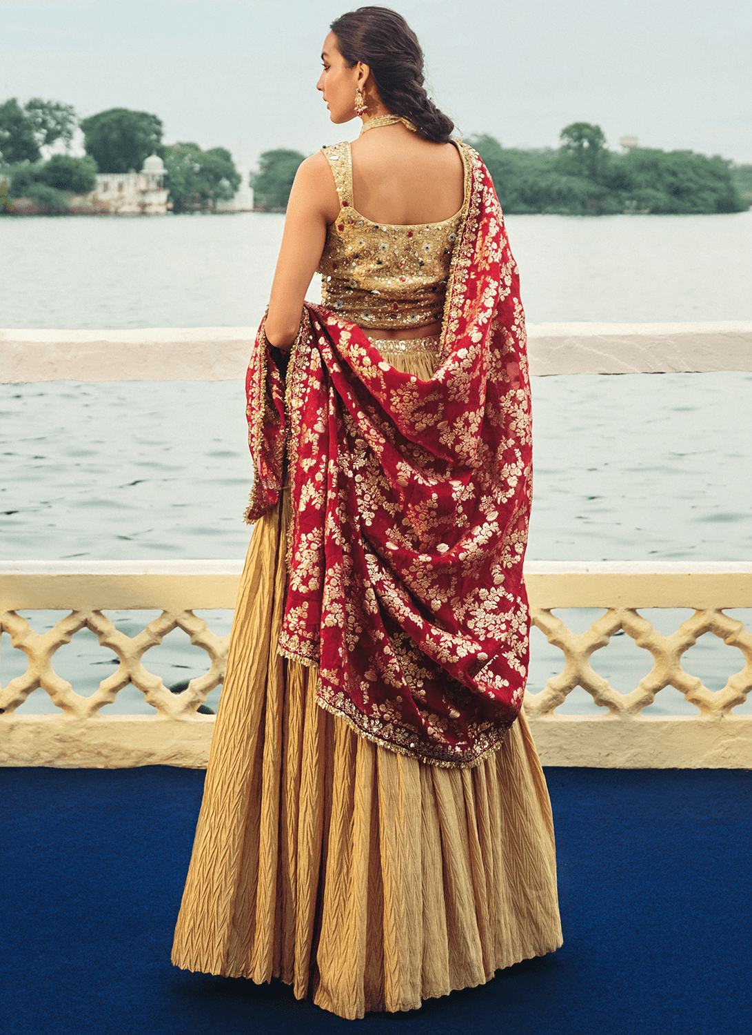 Gold and Maroon Embroidered Chinon Lehenga - Lashkaraa