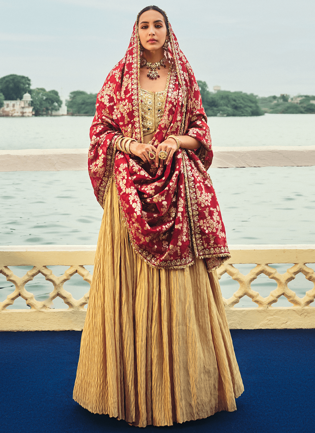 Gold and Maroon Embroidered Chinon Lehenga - Lashkaraa