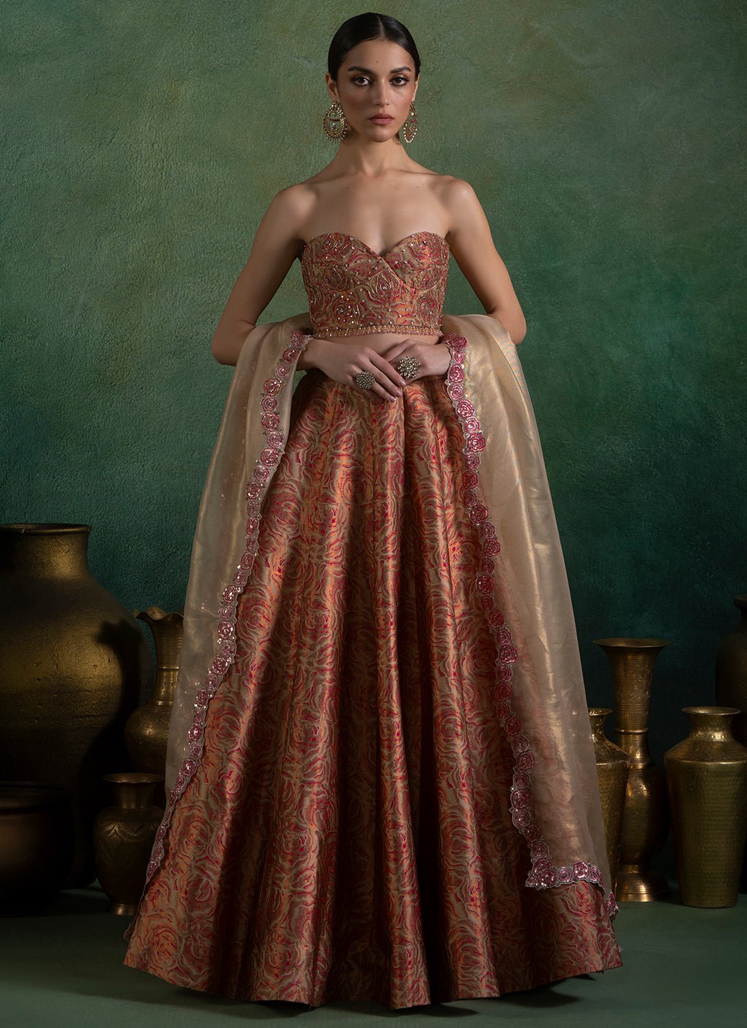 Gold and Pink Embroidered Brocade Lehenga - Lashkaraa