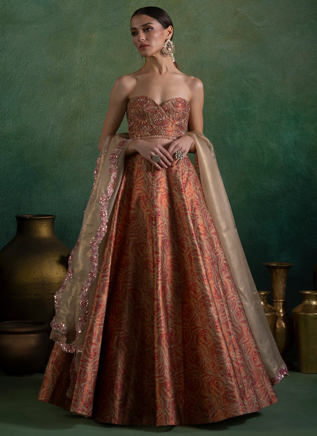 Gold and Pink Embroidered Brocade Lehenga - Lashkaraa