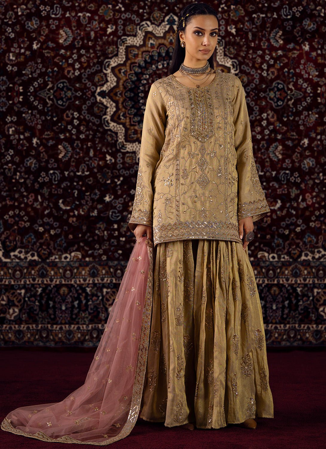 Gold and Soft Pink Embroidered Tissue Gharara Suit - Lashkaraa
