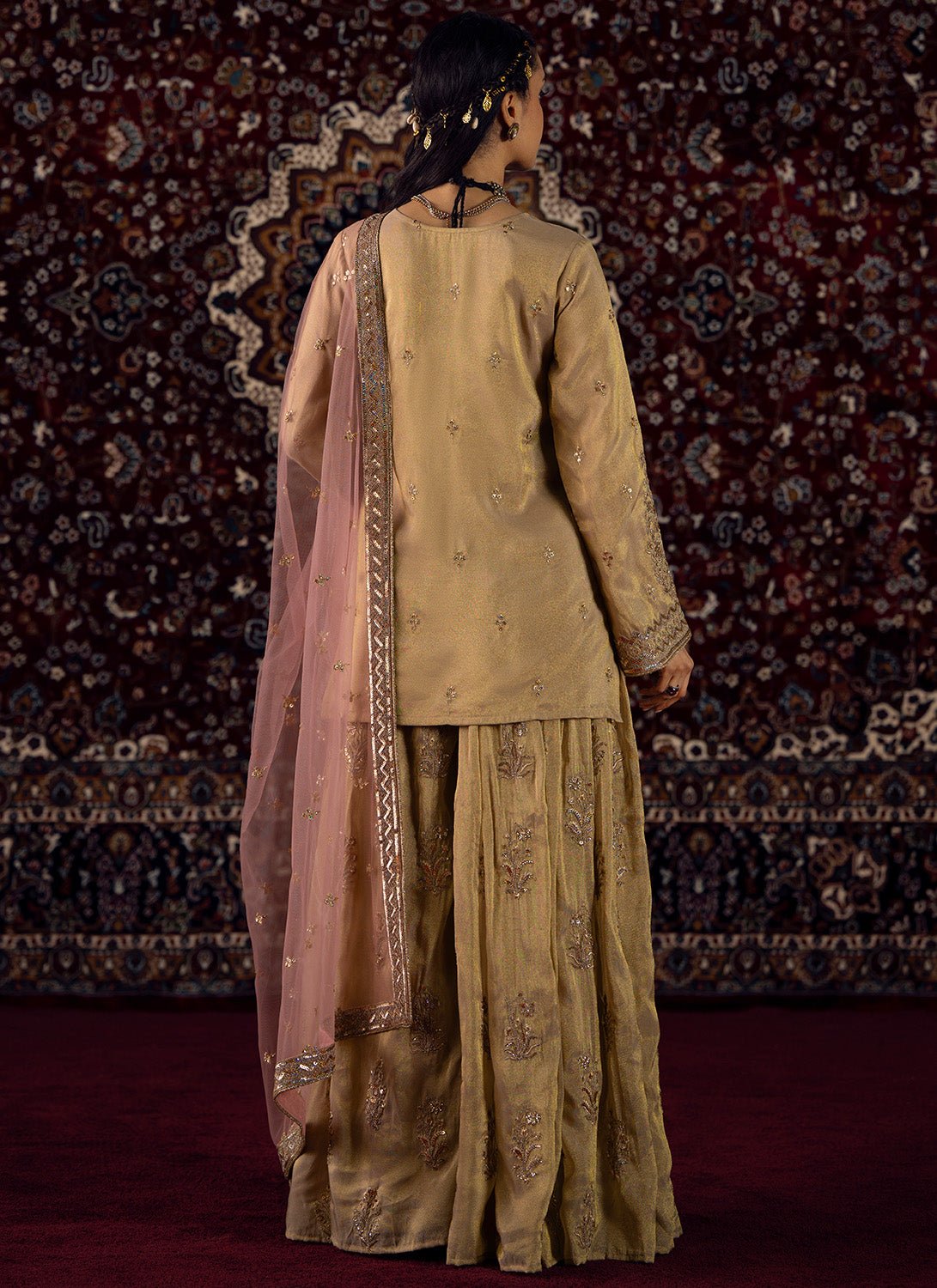Gold and Soft Pink Embroidered Tissue Gharara Suit - Lashkaraa