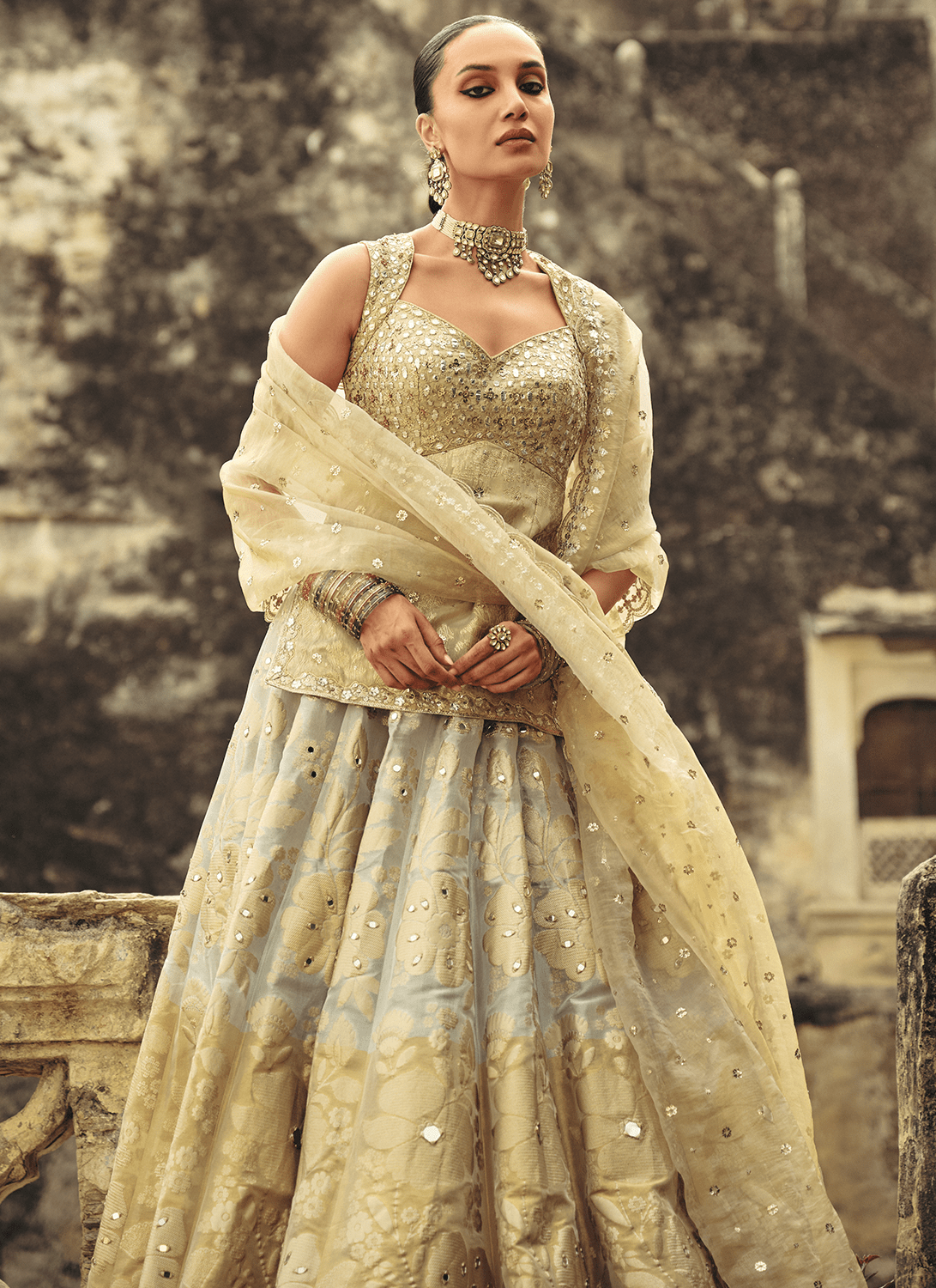 Gold Embroidered Brocade Tissue Lehenga - Lashkaraa