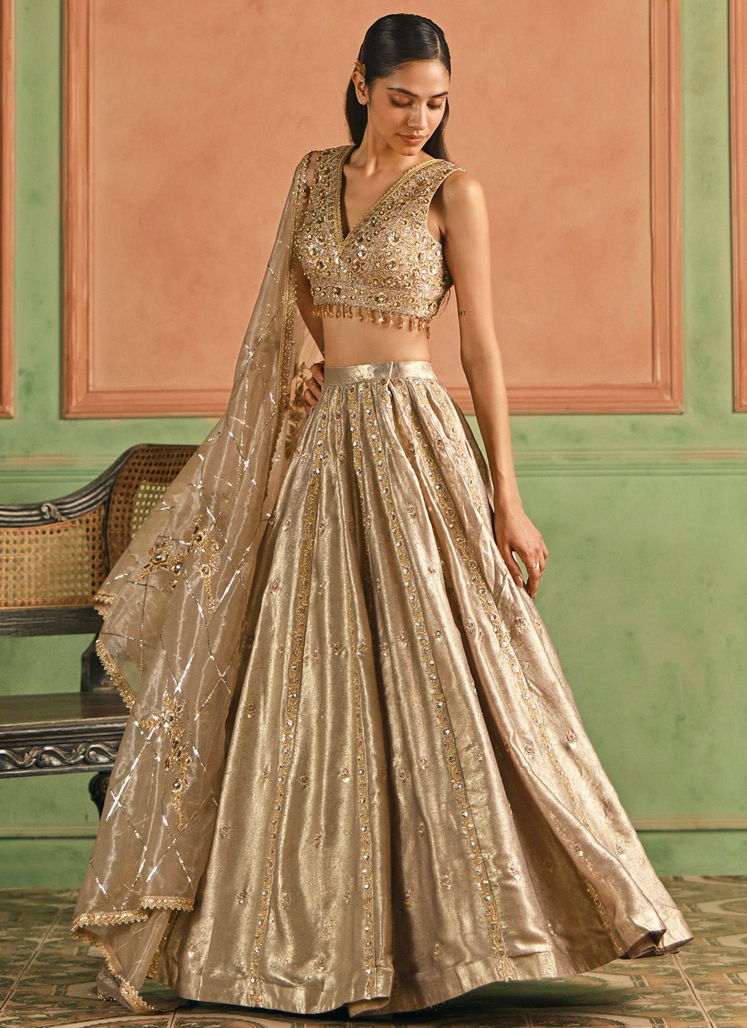 Gold Embroidered Foil Silk Lehenga - Lashkaraa