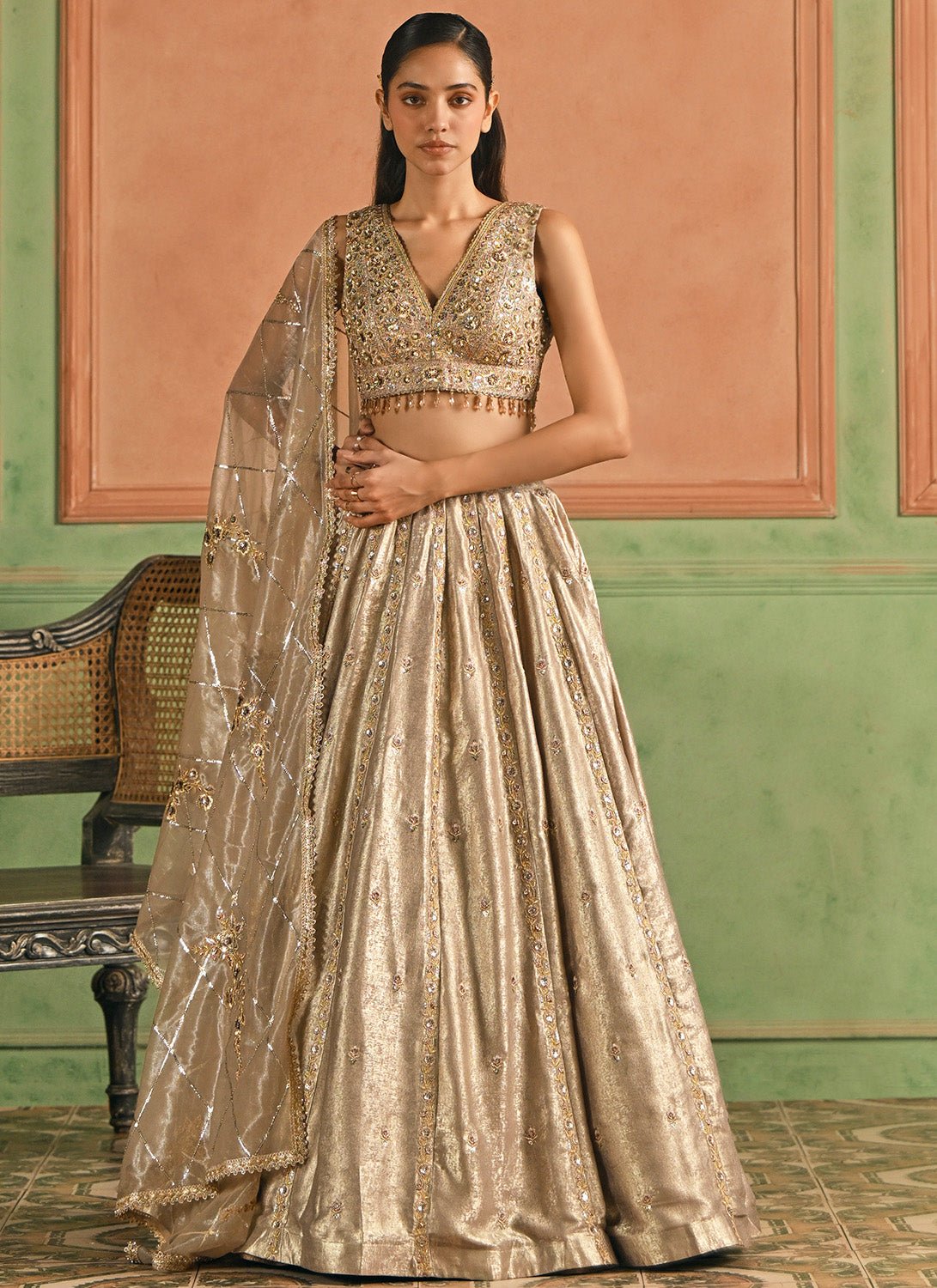 Gold Embroidered Foil Silk Lehenga - Lashkaraa