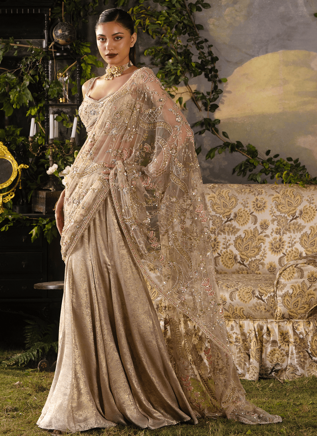 Gold Embroidered Foil Silk Saree - Lashkaraa