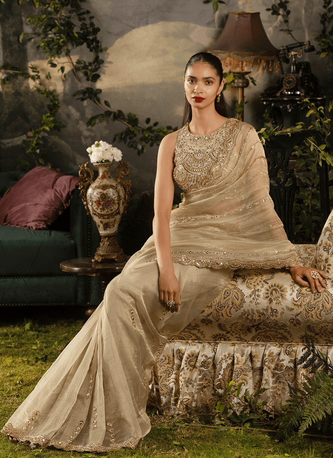 Gold Embroidered Tissue Saree - Lashkaraa