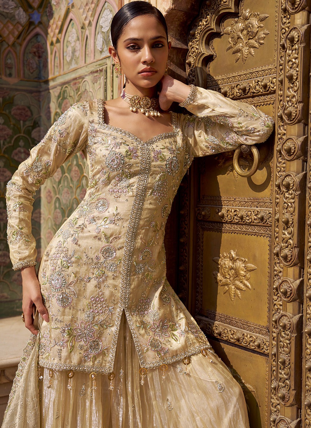 Gold Embroidered Tissue Sharara - Lashkaraa