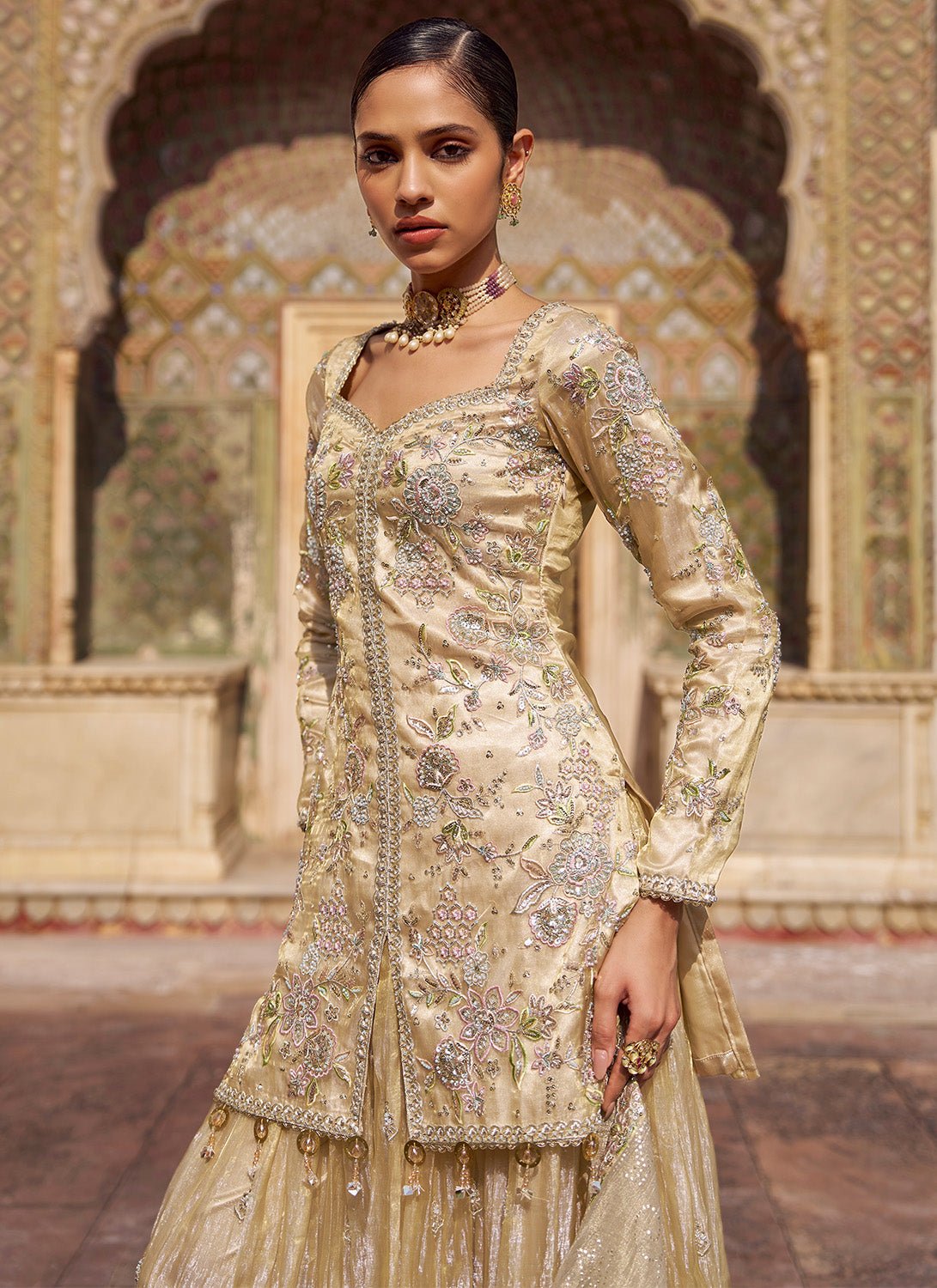 Gold Embroidered Tissue Sharara - Lashkaraa