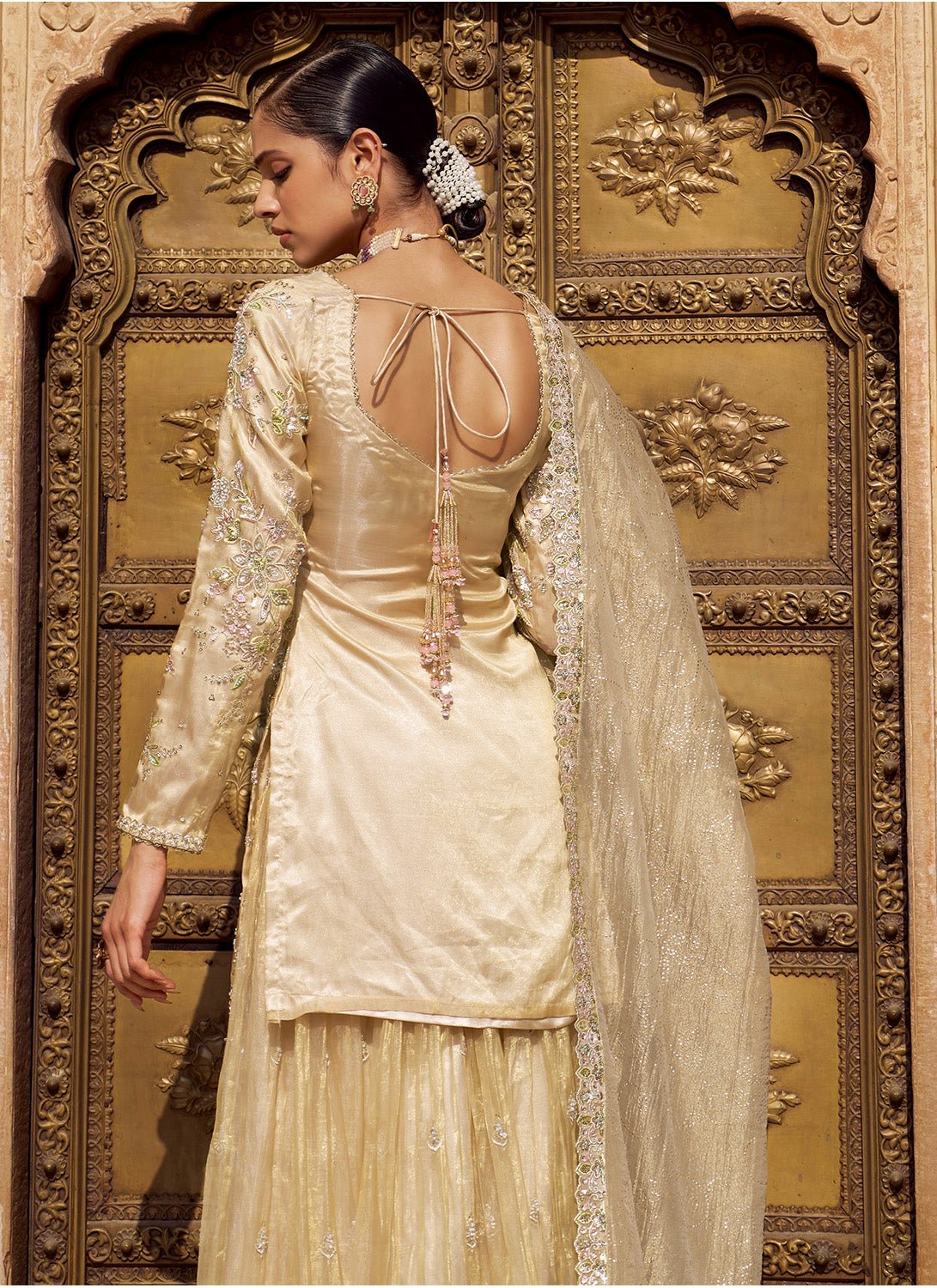 Gold Embroidered Tissue Sharara - Lashkaraa
