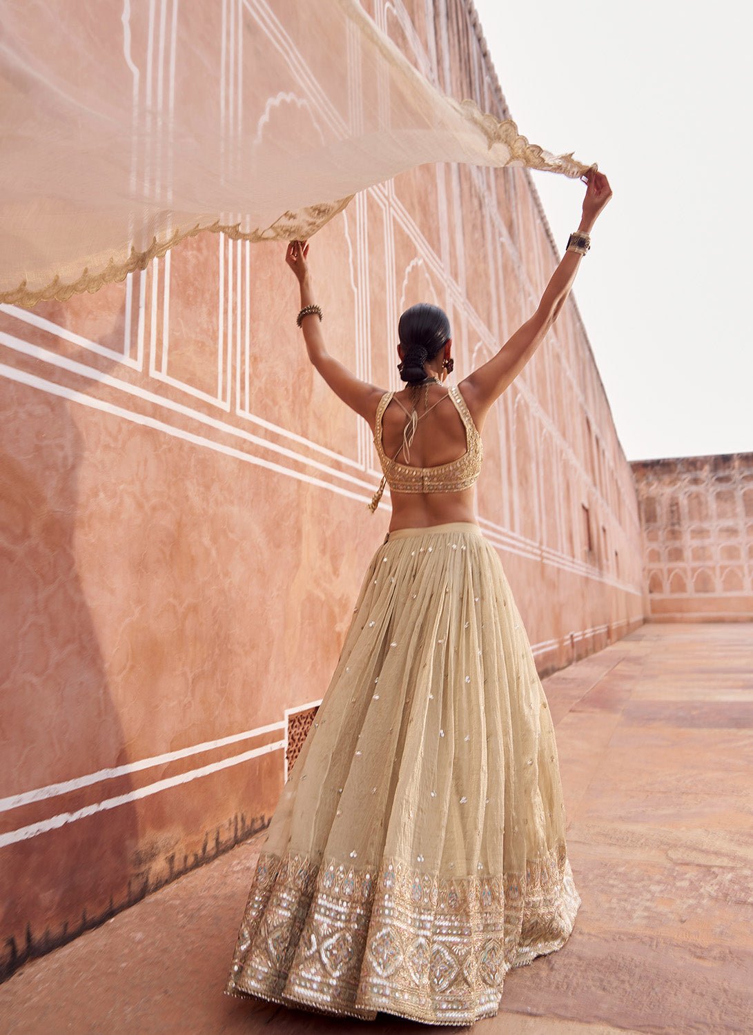 Gold Embroidered Tissue Silk Lehenga - Lashkaraa