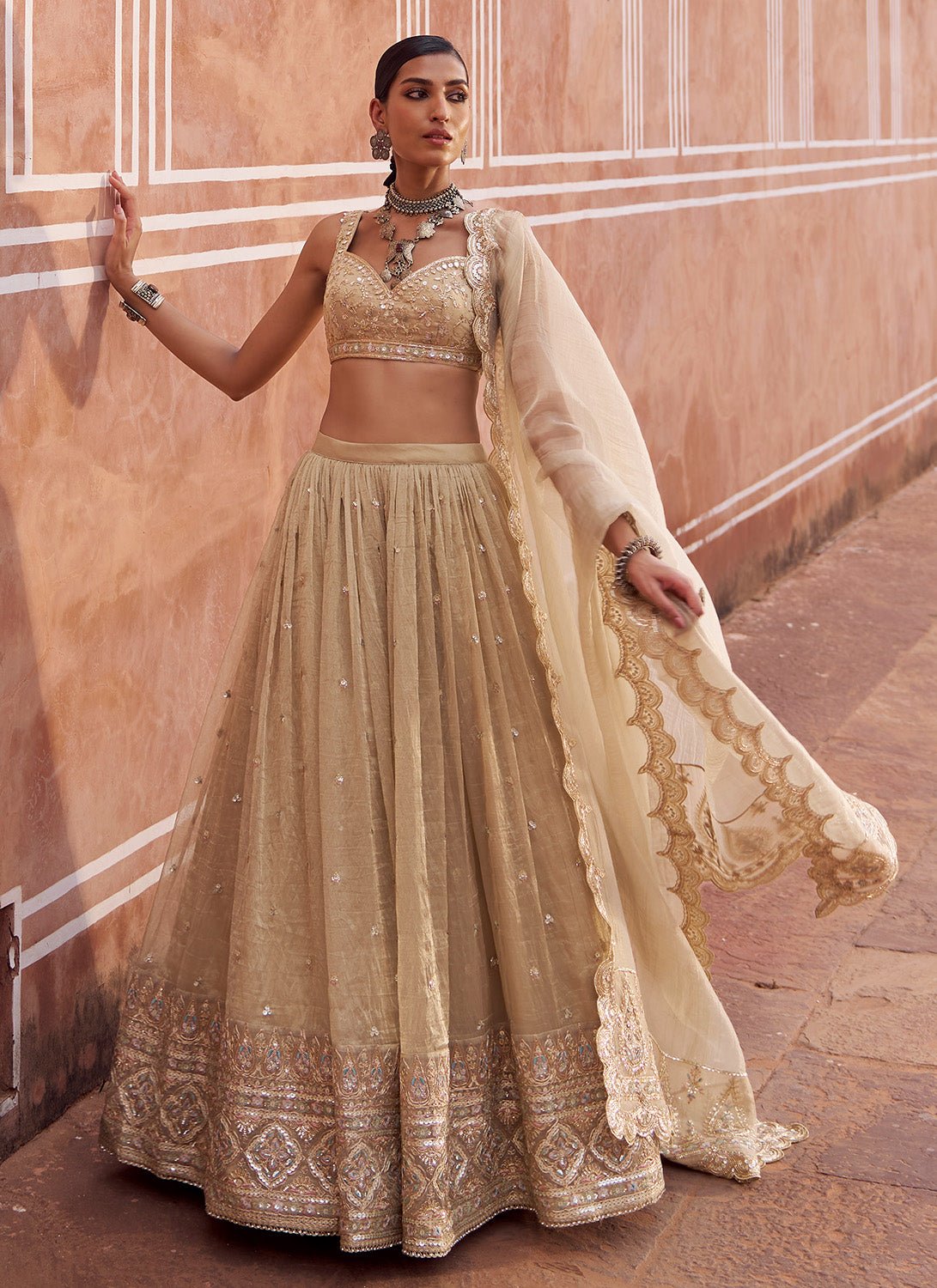 Gold Embroidered Tissue Silk Lehenga - Lashkaraa