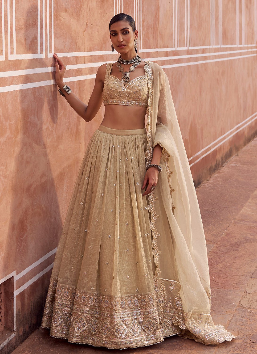 Gold Embroidered Tissue Silk Lehenga - Lashkaraa