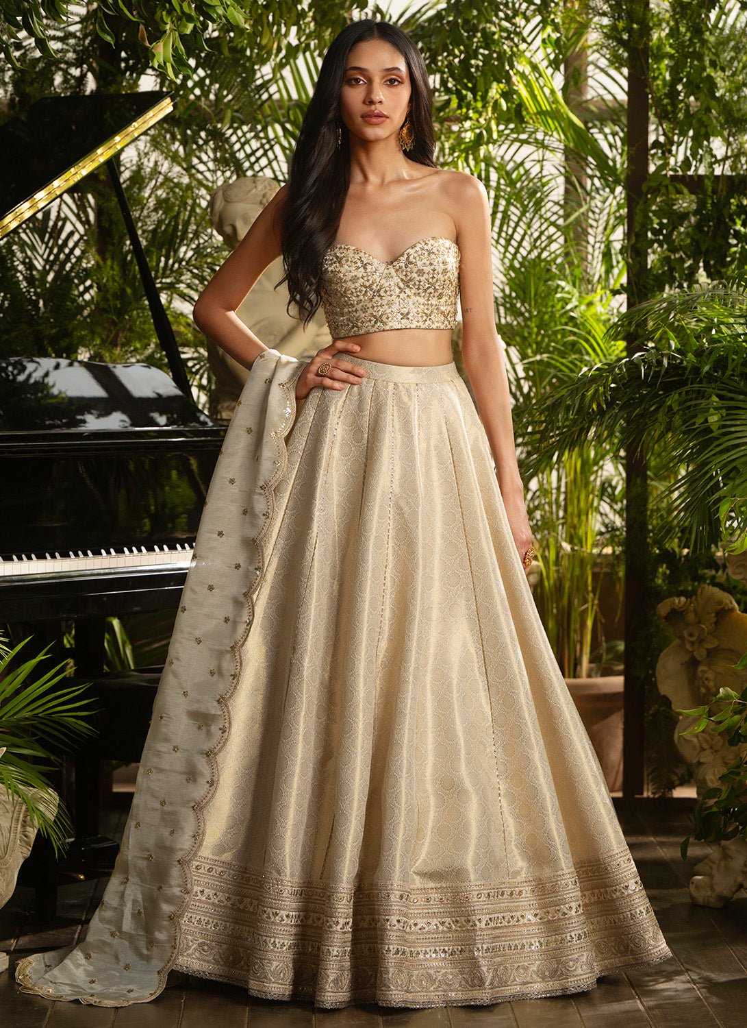 Gold Embroidered Viscose Brocade Lehenga - Lashkaraa