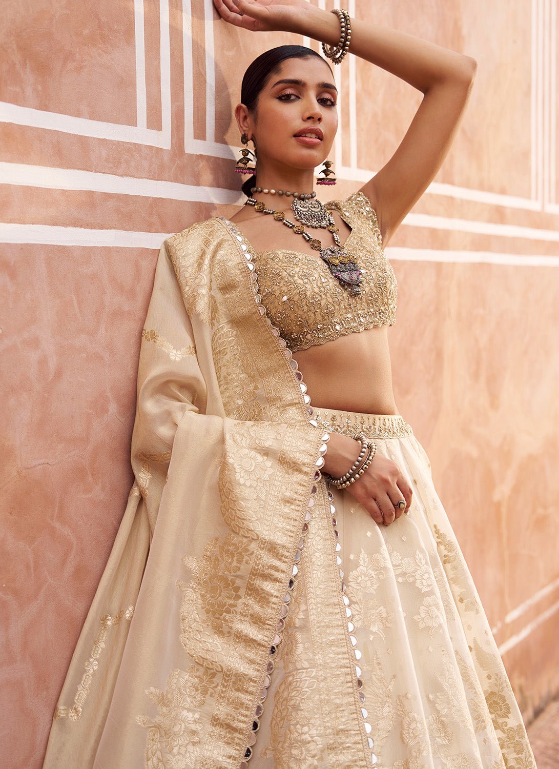 Gold Embroidered Viscose Tissue Lehenga - Lashkaraa