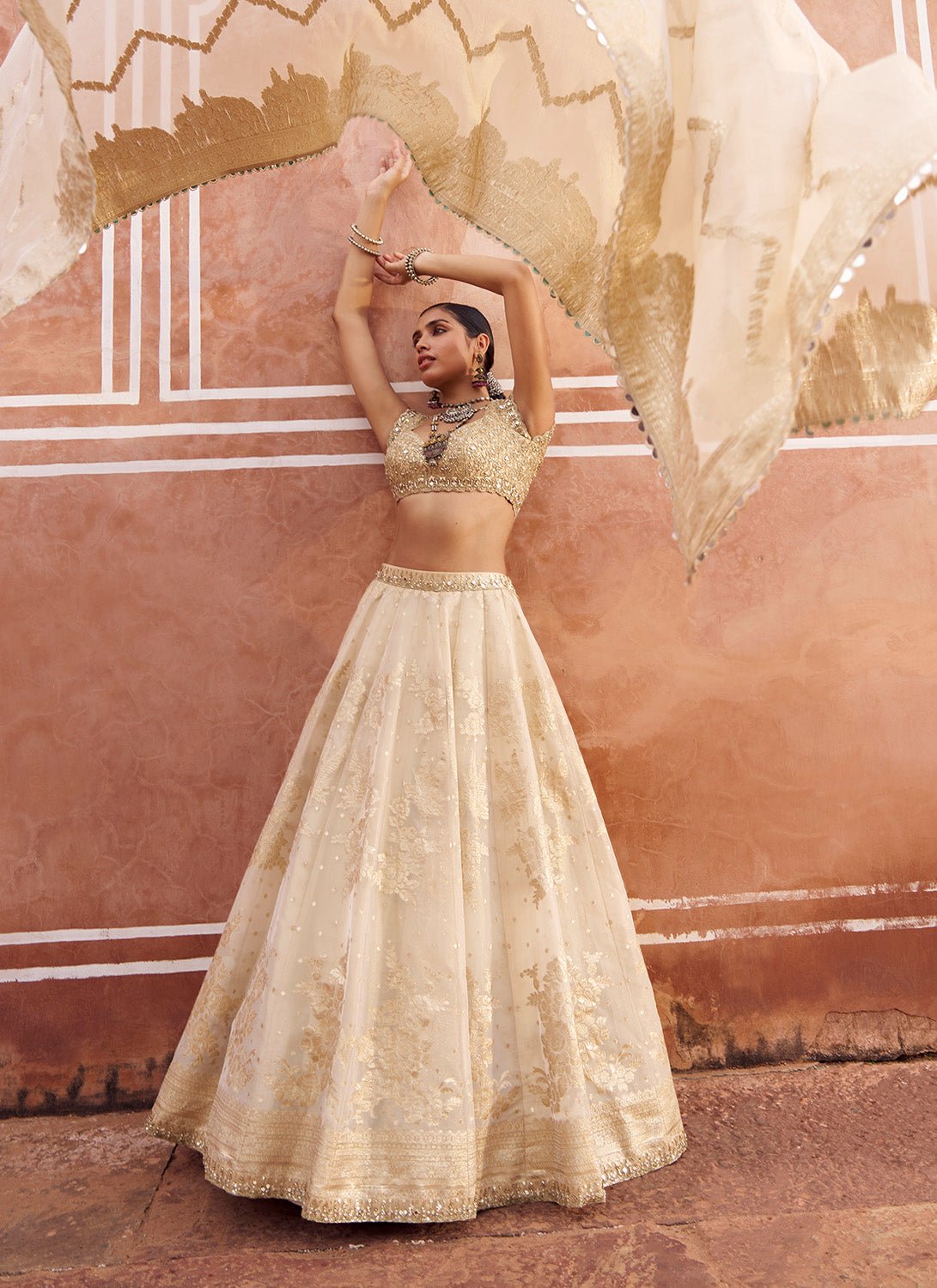 Gold Embroidered Viscose Tissue Lehenga - Lashkaraa