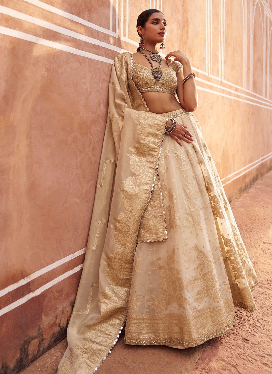 Gold Embroidered Viscose Tissue Lehenga - Lashkaraa