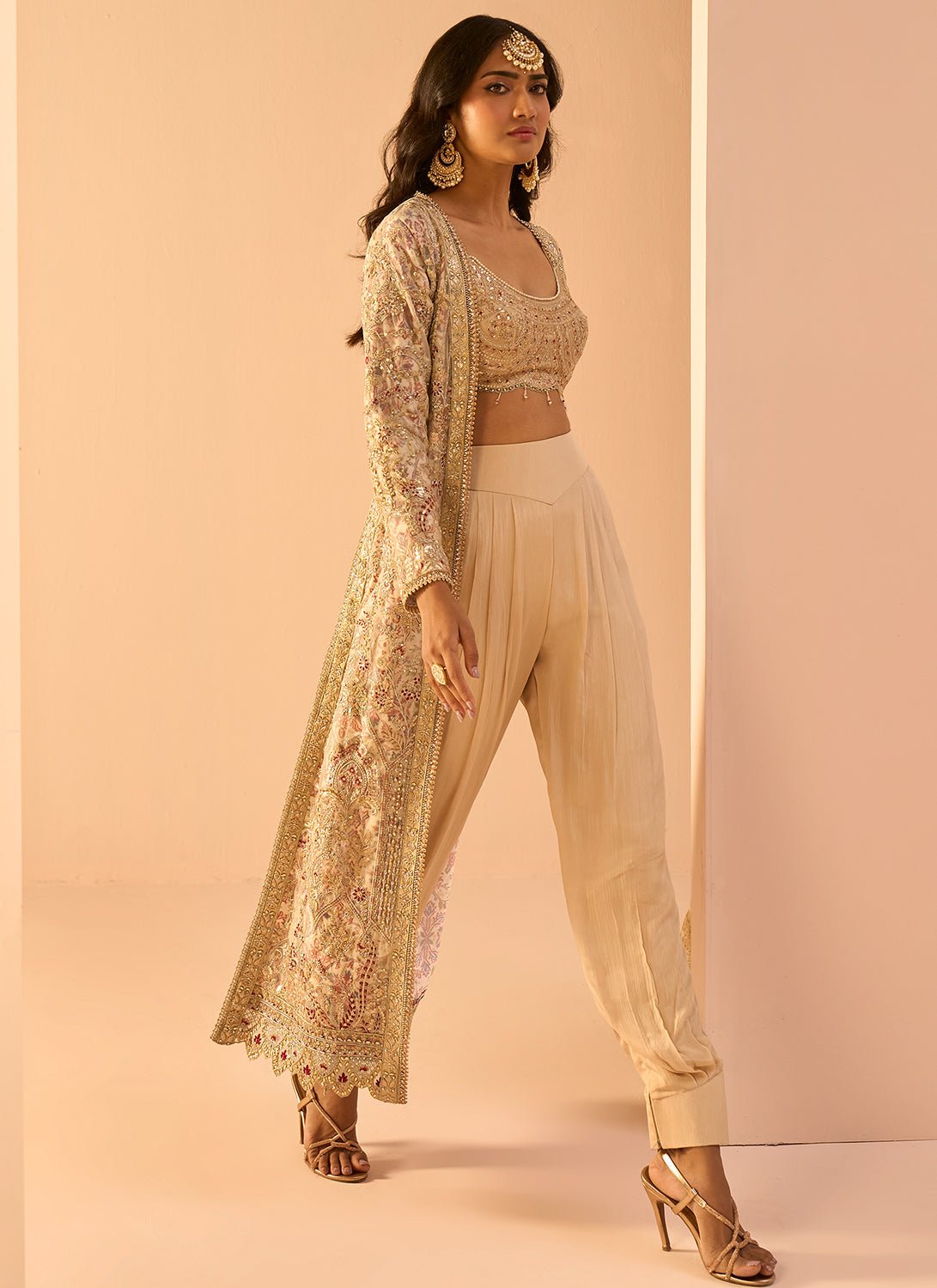 Golden Beige Embroidered Crop Jacket Set - Lashkaraa
