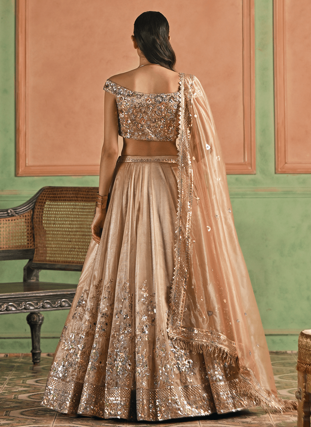 Golden Beige Embroidered Net Lehenga - Lashkaraa