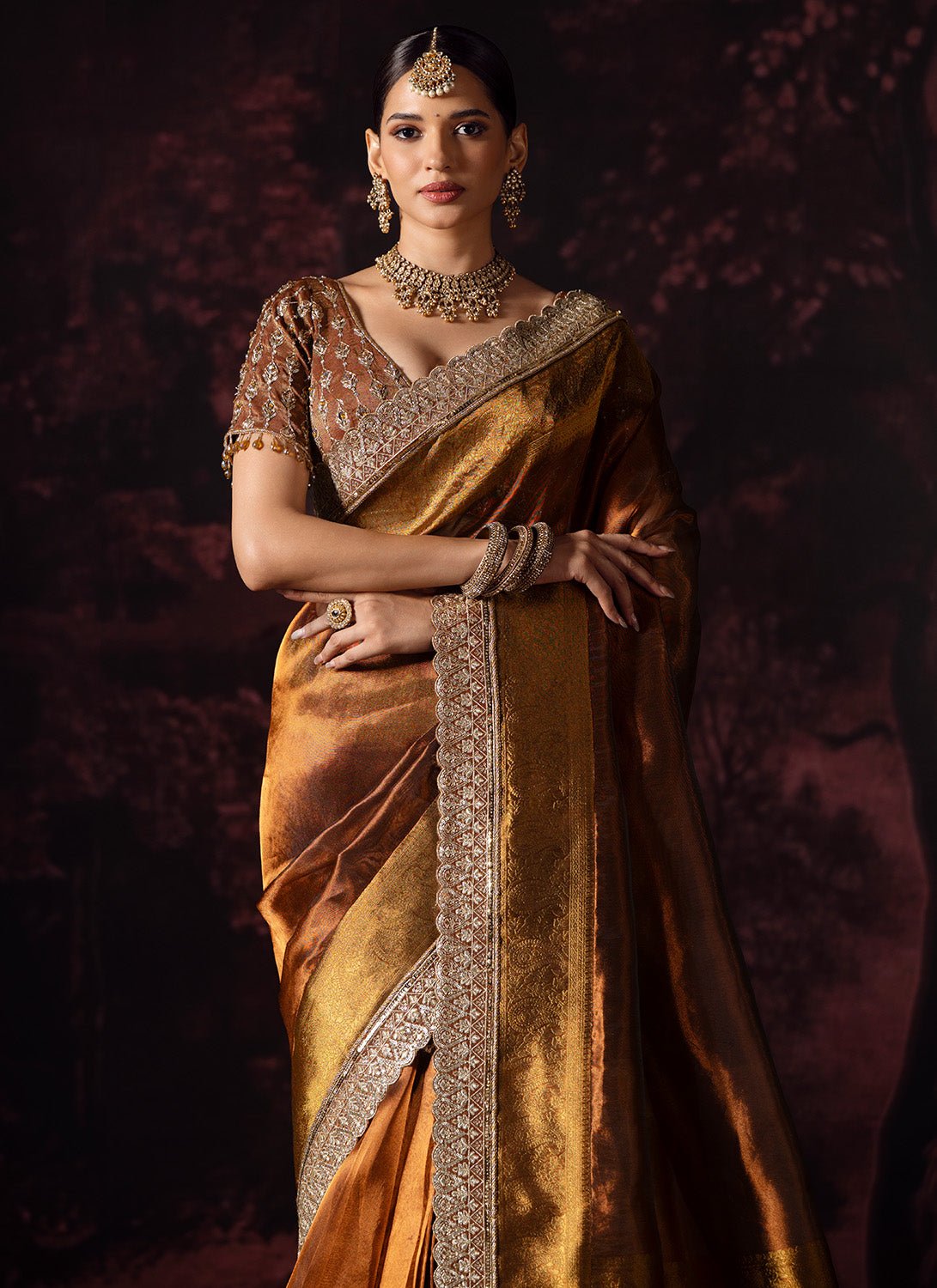 Golden Bronze Embroidered Tissue Saree - Lashkaraa