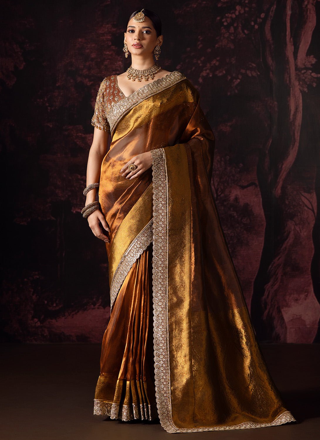 Golden Bronze Embroidered Tissue Saree - Lashkaraa