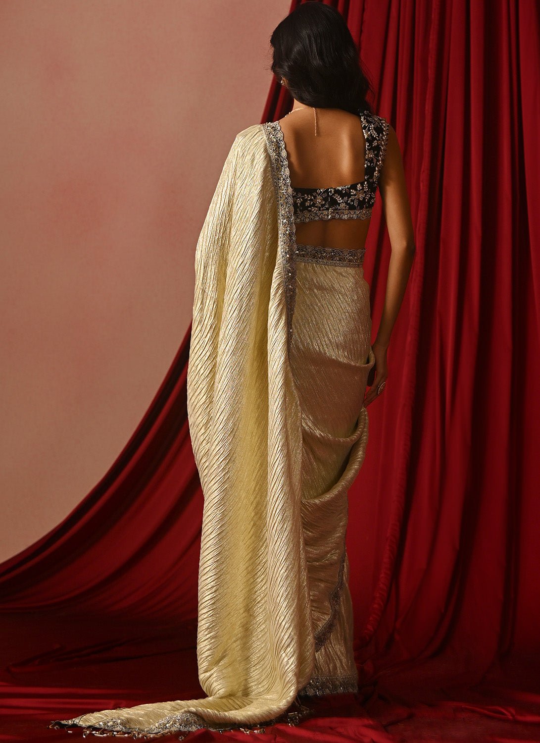 Golden Cream and Black Embroidered Brocade Saree - Lashkaraa