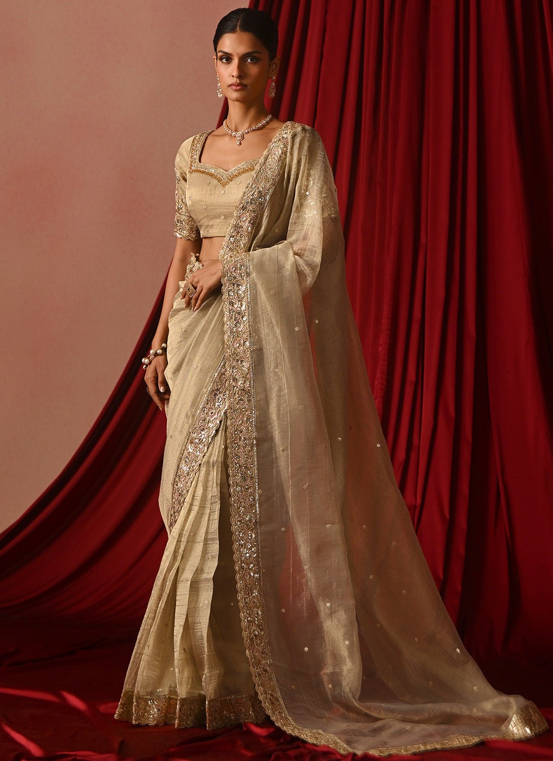 Golden Cream Embroidered Tissue Saree - Lashkaraa