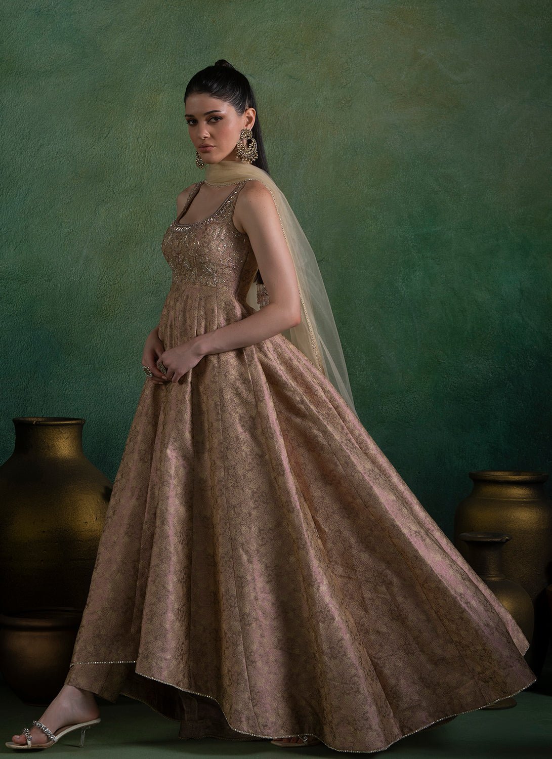 Golden Peach Embroidered Brocade Anarkali - Lashkaraa