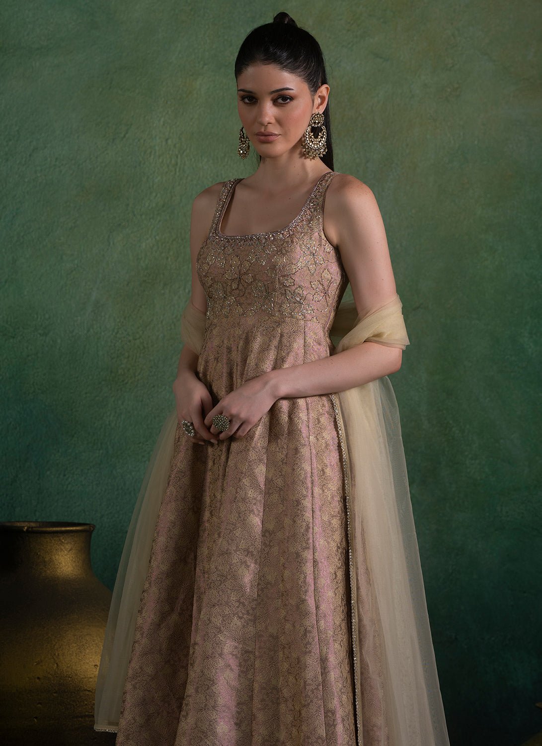 Golden Peach Embroidered Brocade Anarkali - Lashkaraa